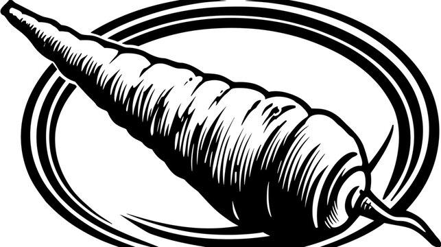 A monochrome illustration of a carrot within a bordered oval, featuring stark black and white contrasts