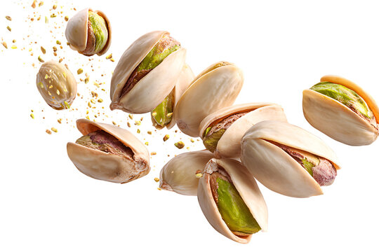 Pistachios floating in air with shells opening and pieces flying around isolated on transparent background