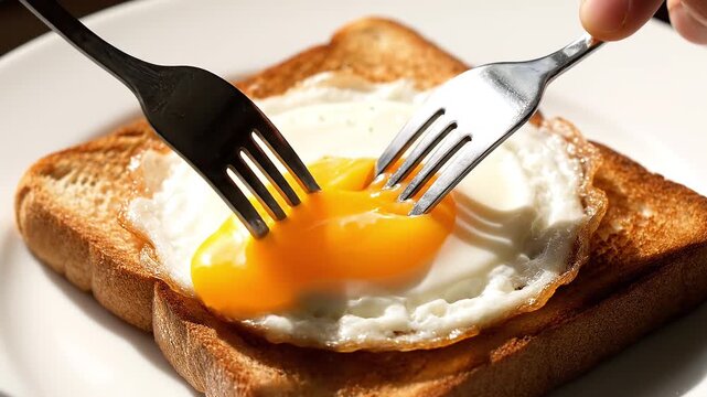 Person piercing a fried egg yolk with a fork, causing it to run over toasted bread