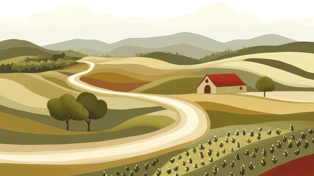 Flat stylized rural panorama with abstract crop patterns, a small barn, winding dirt road, and layered hill backgrounds in soft earthy tones