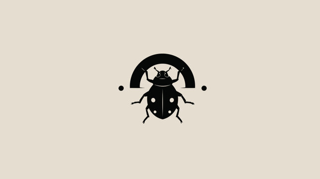 A ladybug silhouette sits under a half-circle on a pale background, with two dots flanking it