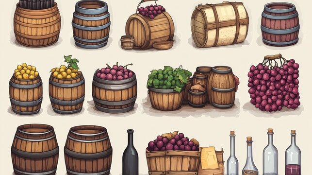 Colorful cartoon vector icon set featuring wine cellar elements including wooden barrels, steel fermentation tanks, stacked kegs, and grape baskets