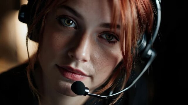 Customer support phone operator providing assistance to clients in a busy call center during late evening hours