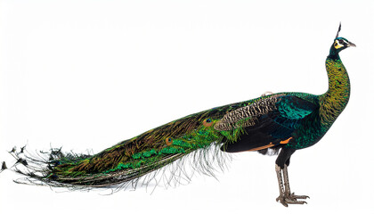 Naklejka premium A vibrant peacock stands proudly on display showcasing its stunning colorful feathers and long tail.