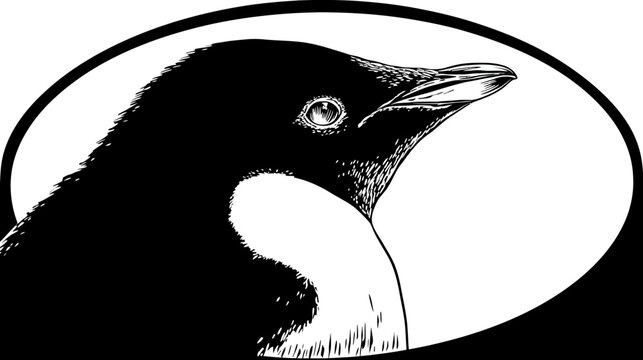 Black and white illustration of a penguin's head inside a white oval against a black background