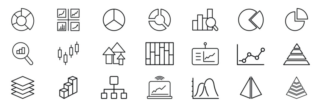 Infographic Diagram Icons. Outline icon set of infographic diagrams: venn diagram, pyramid chart, radial chart. Thin line diagram icon set editable stroke data network hierarchy vector collection. 