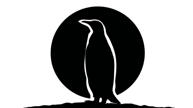 A silhouette of a penguin standing tall within a black circle against a white background