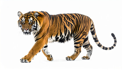 Obraz premium A majestic tiger walks forward on a white background with intense gaze.