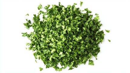 Naklejka premium Close-up top-down view of dry parsley pile with visible texture and color variation, isolated on pure white background for food packaging design