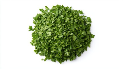 Fototapeta premium Close-up top-down view of dry parsley pile with visible texture and color variation, isolated on pure white background for food packaging design