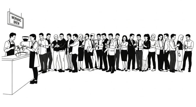 A long queue of people waiting for service at a counter.