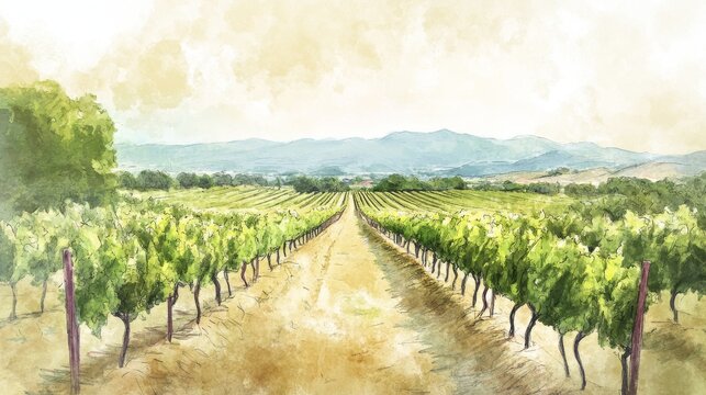 Vineyard fragment illustration with rows of grapevines stretching toward the horizon, loose pencil sketch with soft color overlays