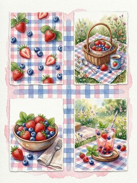 watercolor strawberry pink and blueberry blue gingham pattern, individual scenes