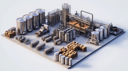 Fototapeta premium Realistic render of industrial-scale wine factory with steel containers, oak barrel stacks, labeling machinery, and grape residue processing section