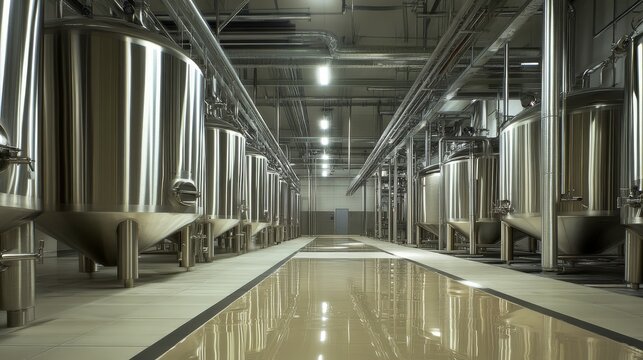 Interior view of a modern winery facility with large stainless steel fermentation tanks, overhead pipes, and clean tiled floors under industrial lighting