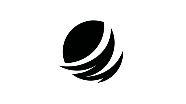 A simple, black graphic features an oval shape with swooping, stylized lines