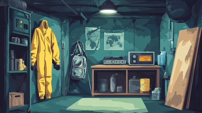 Colorful vector design of a doomsday prepper room with emergency supplies, vintage radio, flashlight, and hazmat suit inside an industrial-style bunker