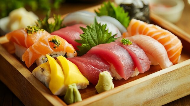 Close-up of assorted sushi and sashimi platter with tuna, salmon, and eel on a wooden tray, garnished with wasabi, ginger, and shiso leaves