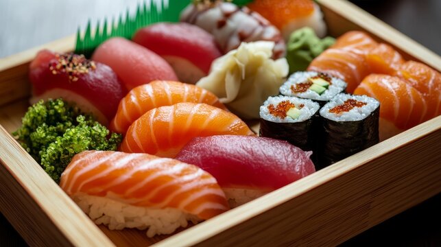 Close-up of assorted sushi and sashimi platter with tuna, salmon, and eel on a wooden tray, garnished with wasabi, ginger, and shiso leaves