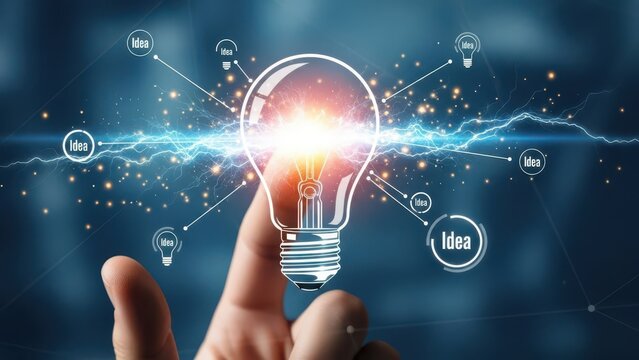 Innovative business idea concept, glowing light bulb with digital network icons, creative spark and brainstorming technology