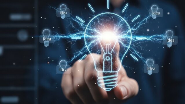 Futuristic light bulb idea concept, businessman touching glowing digital lightbulb with electric energy, creative innovation and brainstorming technology