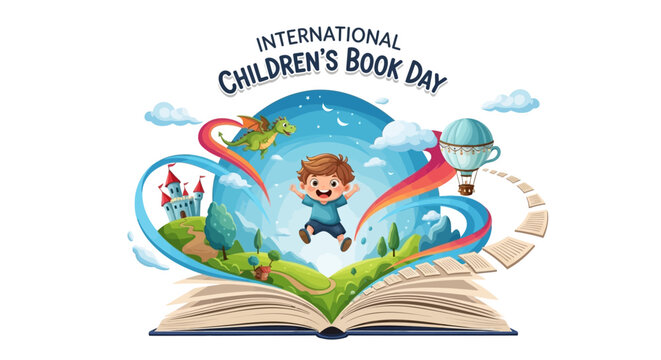 Illustration of a whimsical scene celebrating International Children's Book Day with a boy jumping out of an open book, surrounded by fantastical elements, against a vibrant blue background