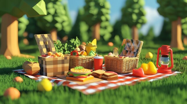 Detailed low poly picnic scene showing checkered blanket with food baskets, sandwiches, juice boxes, and camping lantern in stylized 3D vector style