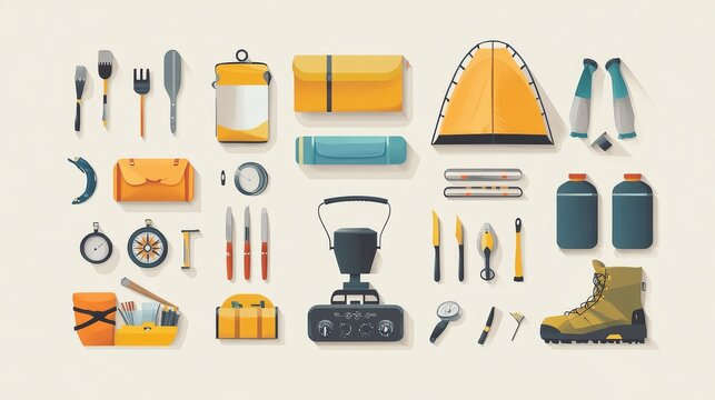 Clean vector layout of modular camping equipment such as gas stove, cookware, water bottle, tent, hiking boots, and compass arranged neatly