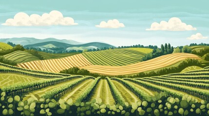 Horizontal banner with stylized agricultural fields, patchwork patterns of crops, vineyard trellises, and minimalistic clouds on eco-friendly color palette