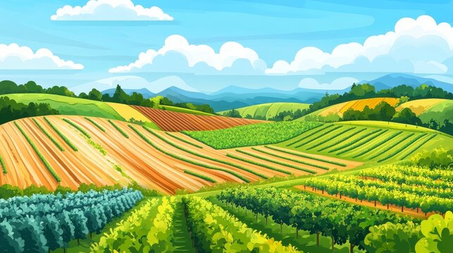 Horizontal banner with stylized agricultural fields, patchwork patterns of crops, vineyard trellises, and minimalistic clouds on eco-friendly color palette