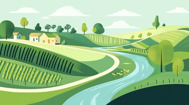 Clean modern farm background with curved lines representing cultivated fields, trees, grape rows, and river paths in flat vector design