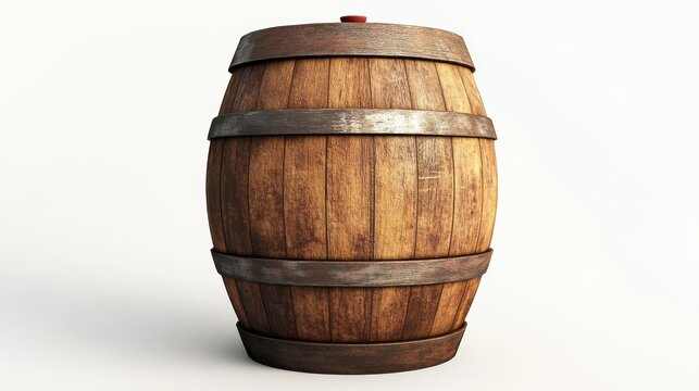 Single traditional wooden wine barrel with worn texture, shadow underneath and clean white studio backdrop, created in hyper-realistic 3D