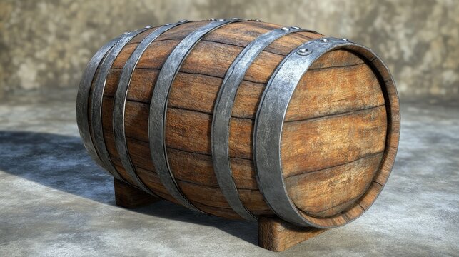 3D modeled vintage wine barrel lying horizontally with end cap visible, carved wood texture and metallic reinforcement rings rendered in detail