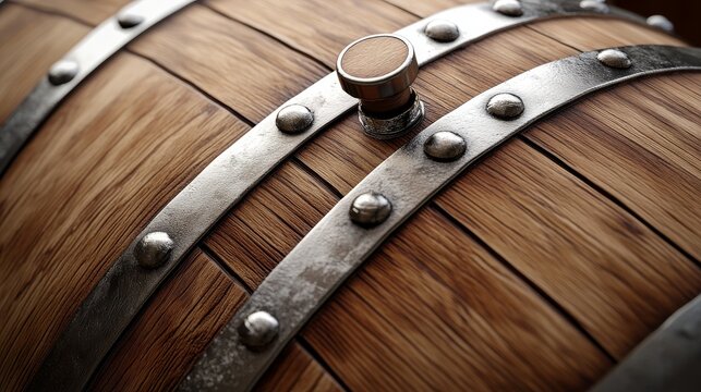 3D modeled vintage wine barrel lying horizontally with end cap visible, carved wood texture and metallic reinforcement rings rendered in detail