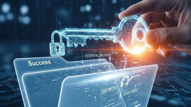 Digital key unlocking success folder, futuristic business growth concept, potential unlocked through data security and achievement