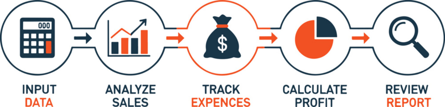 Financial process steps for inputting data analyzing sales tracking expenses and reporting