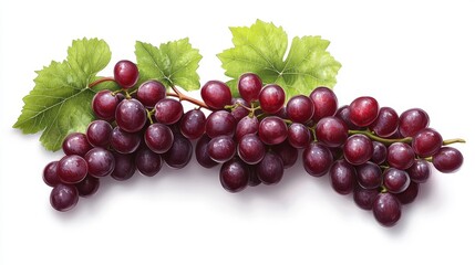 Fototapeta premium Photorealistic image of red grape cluster attached to vine with fresh green leaves, isolated on pure white with soft shadows