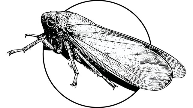 A detailed monochrome illustration of a cicada insect enclosed within a black circular frame