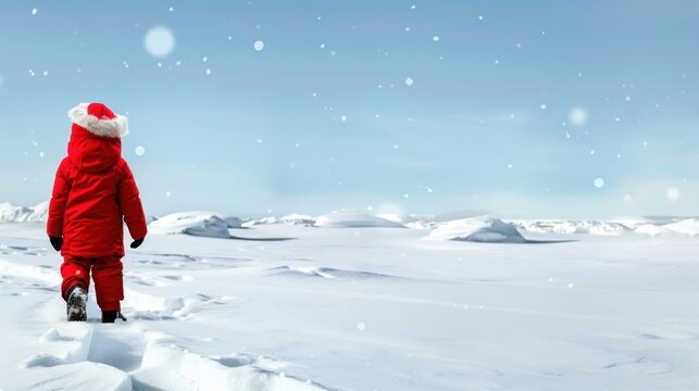 Child in Red Winter Coat Walking Through Snowy Landscape with Gentle Snowflakes Falling in a Winter Wonderland Scene