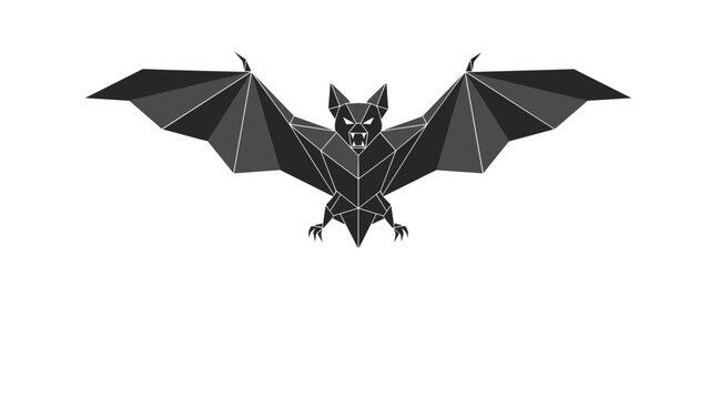 Symmetrical geometric bat illustration with wings fully extended is created in a dark grey and black low poly art style.