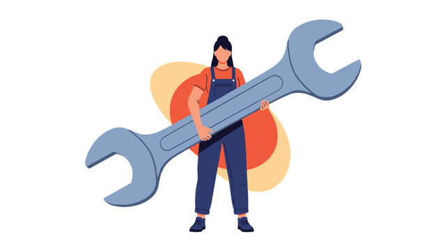 Confident female mechanic in blue overalls holds a giant grey wrench against an orange and yellow circular background.