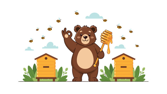 Friendly brown bear holding a honey dipper standing between two beehives with flying bees and clouds in nature.