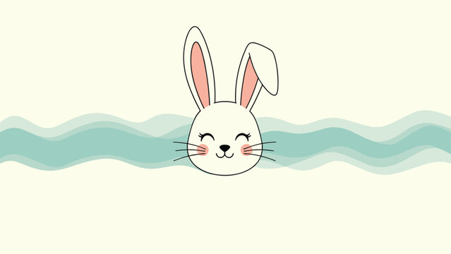 Adorable white bunny face with pink ears and closed eyes centered on a cream background with wavy blue lines.