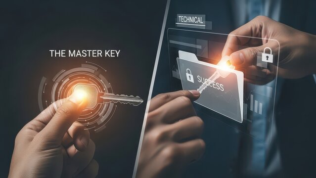 Master key concept for digital security, businessman holding glowing key for technical success, secure data access and cyber protection