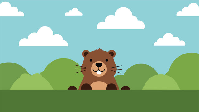 Adorable groundhog with whiskers peeking up from the green grass in a scenic landscape with hills and white clouds above.