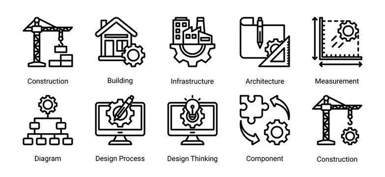 Construction and engineering icon set featuring building,infrastructure,architecture,and design process.Ideal for engineering and development projects.