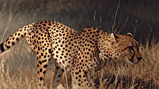 Wild cheetah hunting prey in the tall grass of the savanna