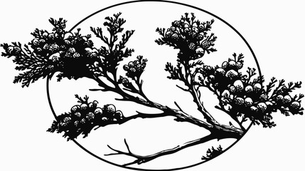 Obraz premium Silhouetted illustration of a juniper branch with berries, enclosed in a circle