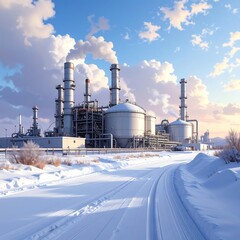 Obraz premium A snowy industrial landscape with smokestacks and tanks under a blue sky