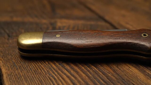 Old Pocket Knife on Wooden Table Close Up Vintage Utility Tool